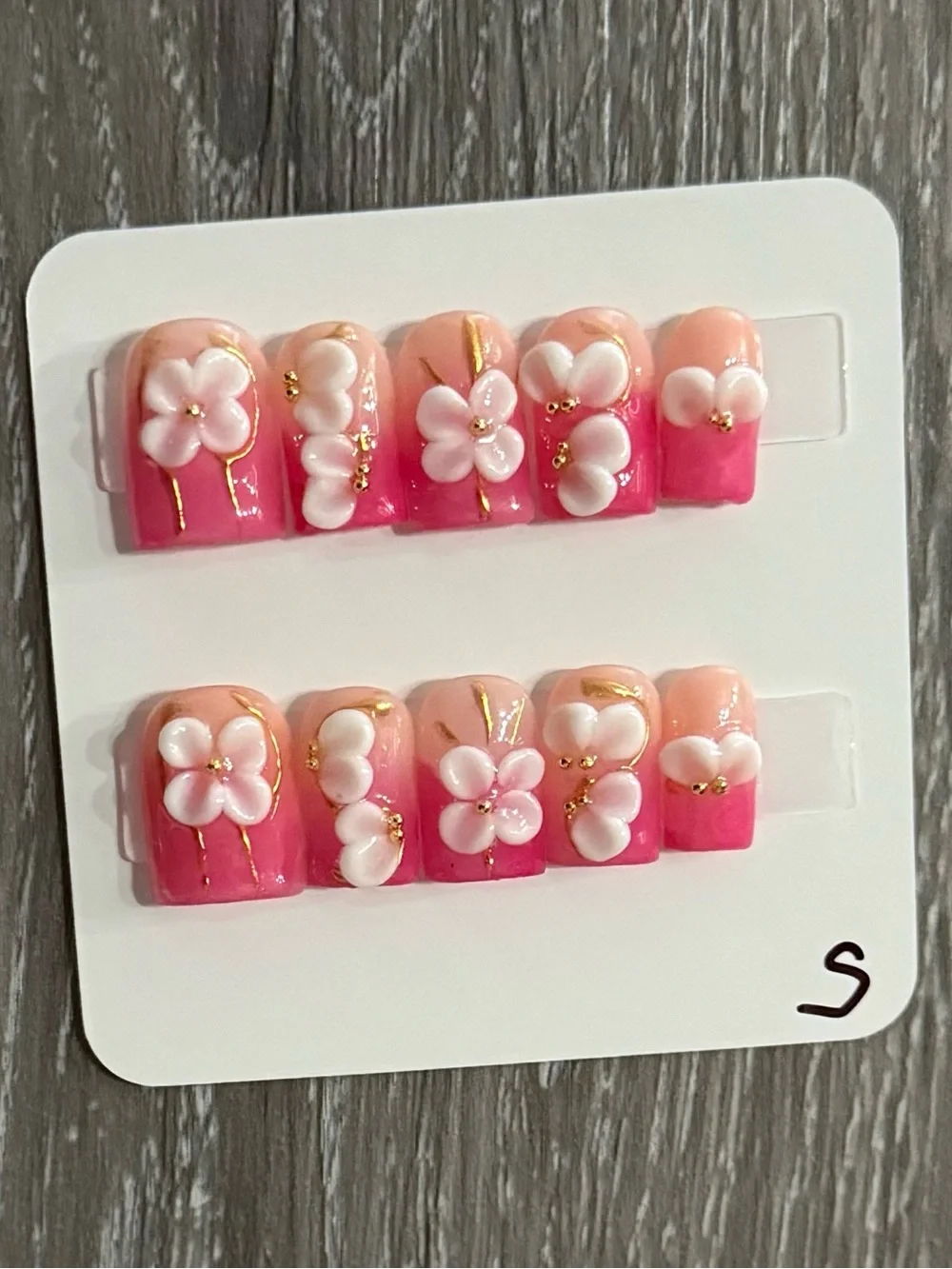 Pink 3D Floral Baby Duck Press-On Nails with Gold Accents